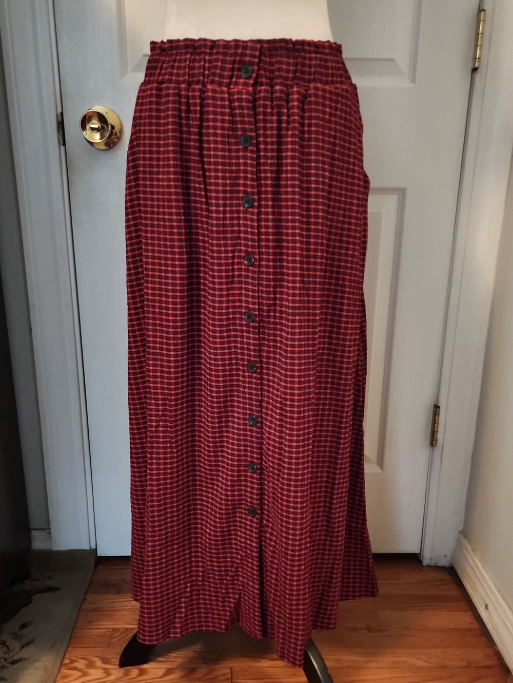 Disturbia Red And Black Check Button-Front Midaxi Skirt